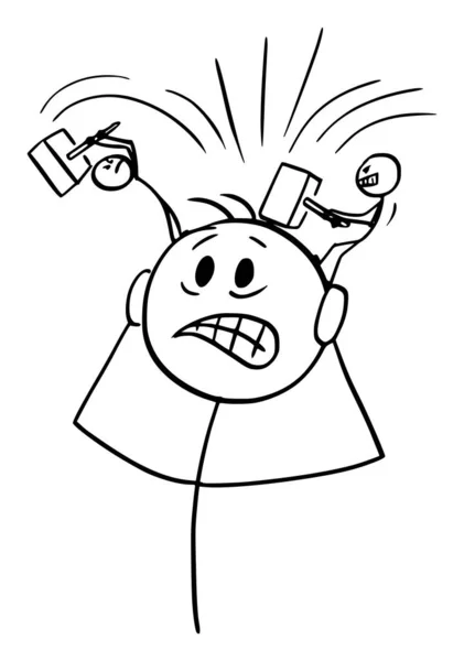 Pessoa que sofre dor de cabeça pesada ou dor de cabeça, ilustração da figura da vara dos desenhos animados do vetor —  Vetores de Stock