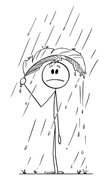 Persona en la lluvia que oculta debajo de la hoja, ilustración de la figura del palillo de la historieta del vector — Archivo Imágenes Vectoriales