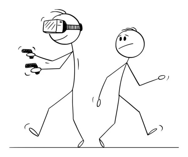 2018 년 1 월 27 일에 확인 함 . Person Walking on Real World Street with Virtual Reality Glasses, Vector Cartoon tick Figure Illustration — 스톡 벡터