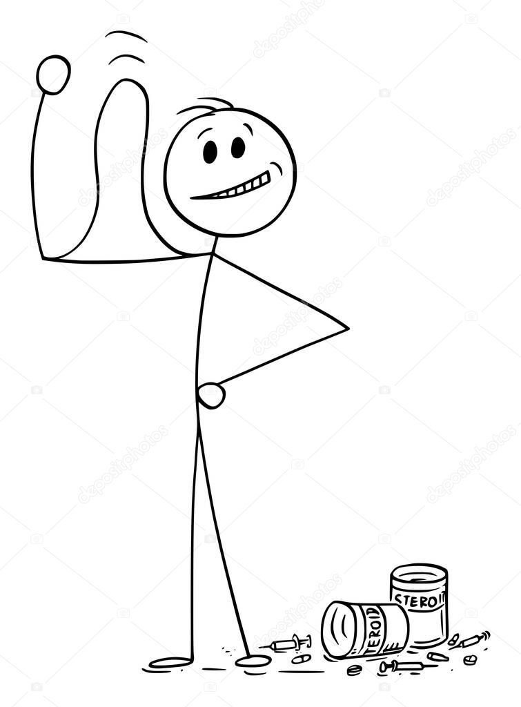 Person Showing His Steroid Biceps Muscles , Vector Cartoon Stick Figure Illustration
