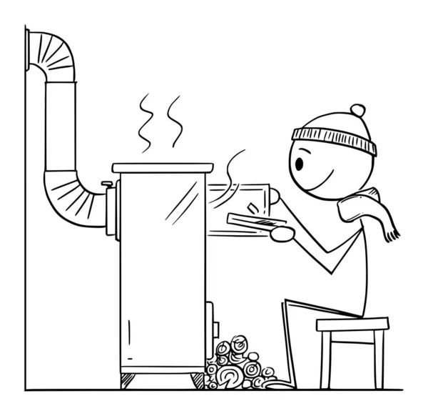 Person, die vor einem kleinen Holzofen oder einer Heizung sitzt, Vector Cartoon Strichmännchen Illustration — Stockvektor
