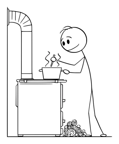 Pessoa que cozinha no fogão de madeira da cozinha, ilustração da figura da vara dos desenhos animados do vetor — Vetor de Stock