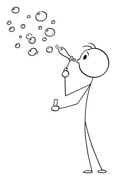 Persoon blazen zeepbellen, Vector cartoon stick figuur illustratie — Stockvector