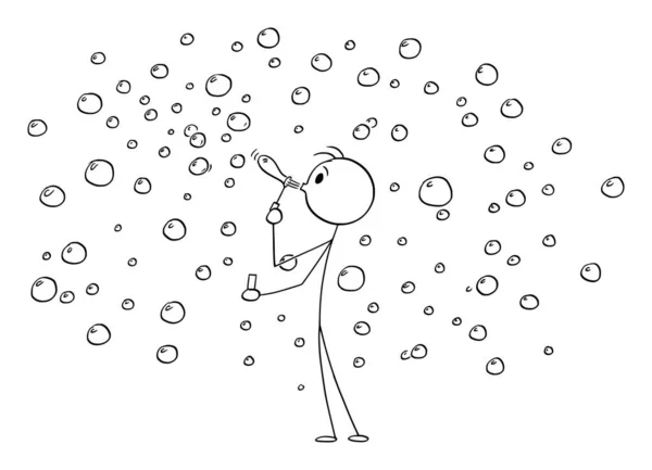 Personne soufflant des bulles de savon, illustration vectorielle de figure de bâton de dessin animé — Image vectorielle