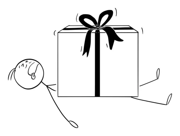 Personne écrasée sous cadeau enveloppé ou présent, illustration vectorielle de figure de bâton de bande dessinée — Image vectorielle