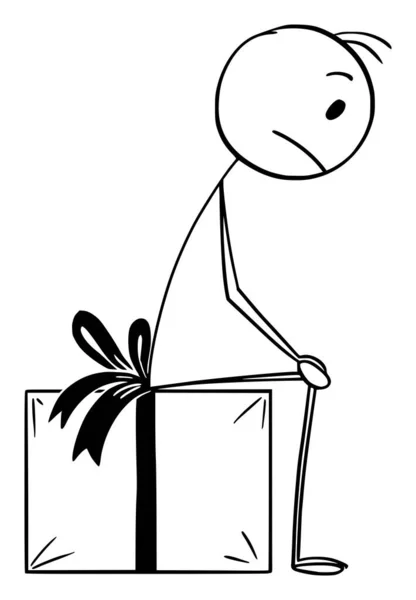 Triste personne assise sur cadeau enveloppé ou présent, illustration vectorielle de figure de bâton de bande dessinée — Image vectorielle