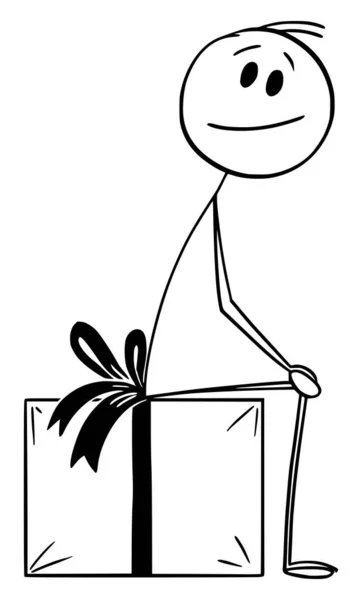 Une personne souriante assise sur un cadeau ou un cadeau emballé, illustration vectorielle d'un bâton de bande dessinée — Image vectorielle