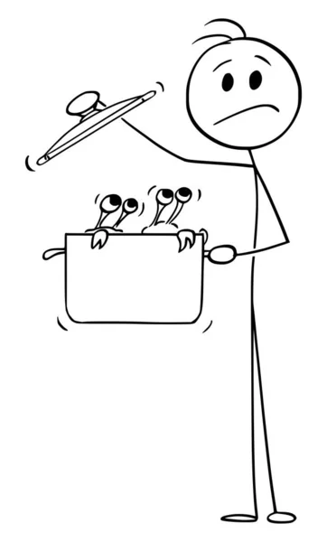 Persona o cocinero sosteniendo olla de cocina con mariscos o criaturas extrañas, ilustración de la figura del palillo de la historieta del vector — Vector de stock