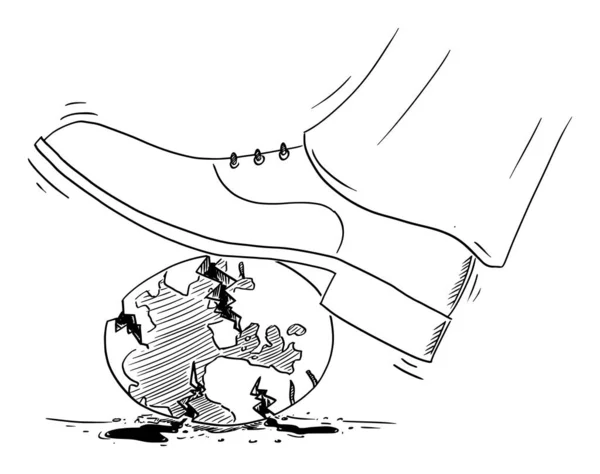ビジネスマンの靴惑星地球を粉砕、ベクトル漫画イラスト — ストックベクタ