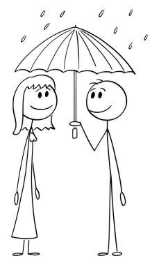 Erkek ve Kadın Yağmurda, Tarihte ve Aşkta Şemsiye Koruması Paylaşıyorlar, Vektör Çizgi Film Şekil Çizimi