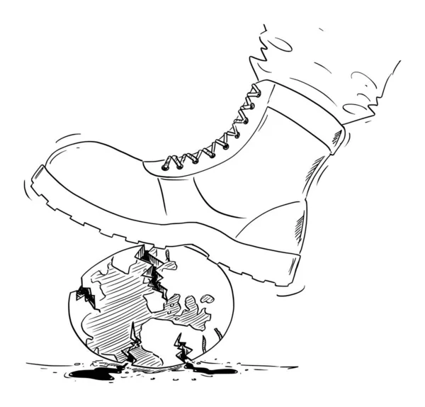 Bota del soldado aplastando el planeta Tierra, ilustración de dibujos animados vectoriales — Vector de stock
