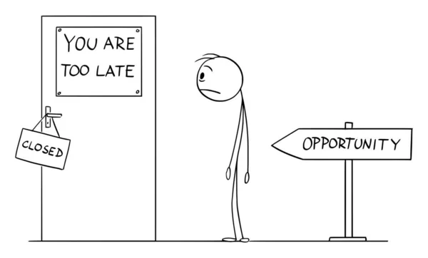 Frustrierte Person, die zusieht, wie Opportunitätstür geschlossen wird, zu spät kommt, Vektor-Cartoon-Strichmännchen-Illustration — Stockvektor