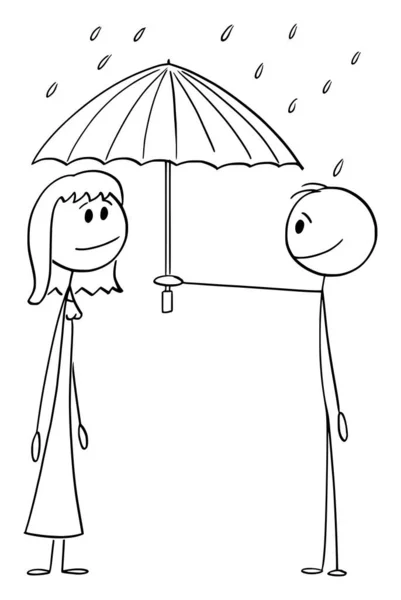 Muž nabízí deštník v dešti na ženu, láska a ochrana, vektorové kreslené postavičky ilustrace — Stockový vektor