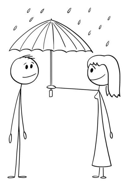 Frau bietet dem Mann Regenschirm, Liebe und Schutz, Vector Cartoon Strichmännchen Illustration — Stockvektor