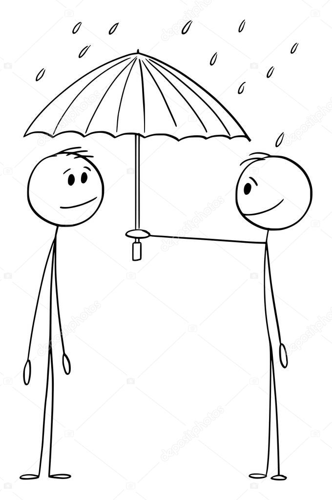 Person Offering Umbrella in Rain, Help and Protection, Vector Cartoon Stick Figure Illustration