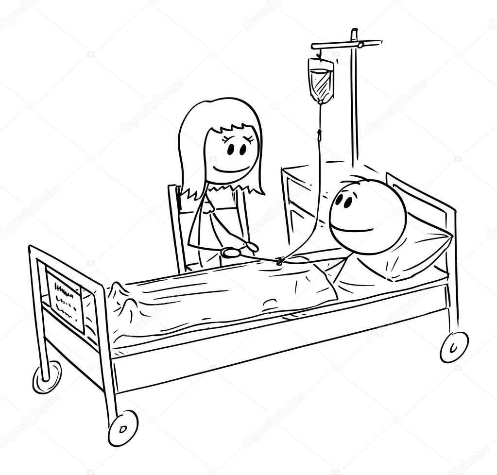Woman Visiting Friend or Husband Who is Patient in Hospital , Vector Cartoon Stick Figure Illustration