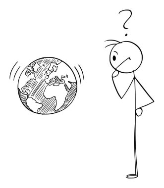 Person Looking at Planet Earth or World and Thinking, Vector Cartoon Stick Figure Illustration