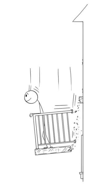 Person Enjoying View While Standing on Falling Balcony , Vector Cartoon Stick Figure Illustration — Vetor de Stock