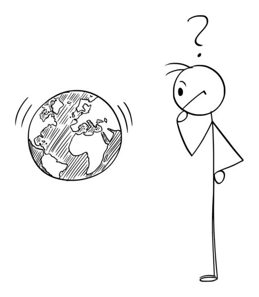 Person Looking at Planet Earth or World and Thinking, Vector Cartoon Stick Figure Illustration — Vettoriale Stock