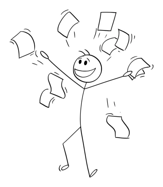 Happy Person or Businessman Smiling and Throwing Papers in Air , Vector Cartoon Stick Figure Illustration — Vetor de Stock