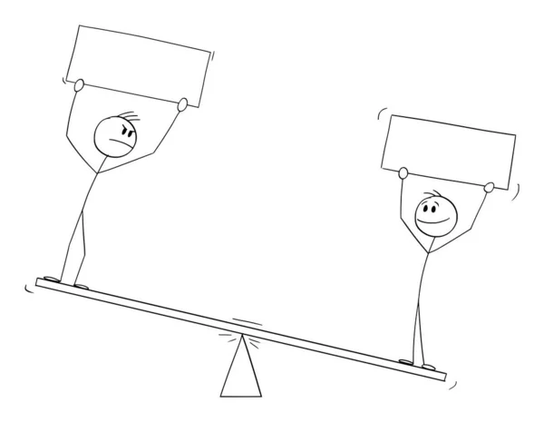 Dos personas en balanzas de equilibrio sosteniendo signos vacíos, ilustración de la figura del palillo de la historieta del vector — Archivo Imágenes Vectoriales