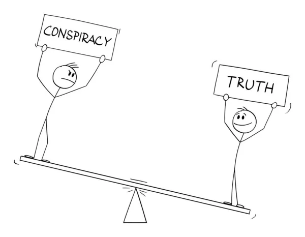 Two Persons on Balance Scales Holding Conspiracy and Truth Signs , Vector Cartoon Stick Figure Illustration — Stockový vektor