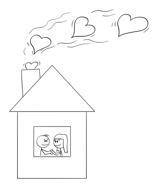 Duas pessoas amorosas ou casal sentindo amor em casa ou casa, Vector Cartoon Stick Figura Ilustração — Vetor de Stock