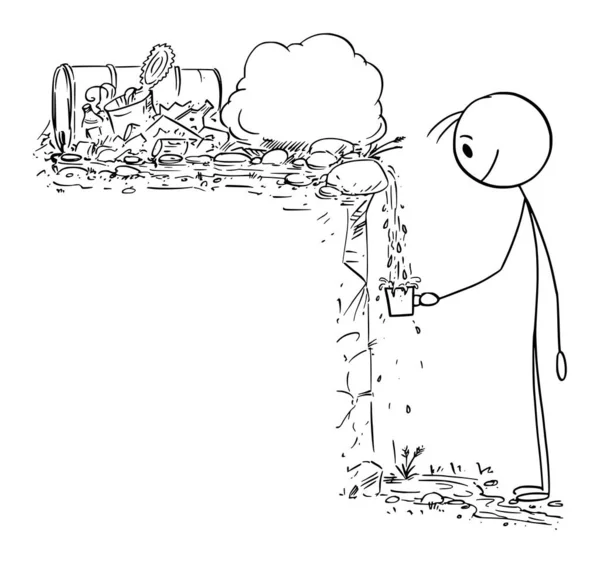 Person Drinking Polluted or Contaminated Water in Nature From Spring or Fountain, Vector Cartoon Stick Figure Illustration — Vetor de Stock