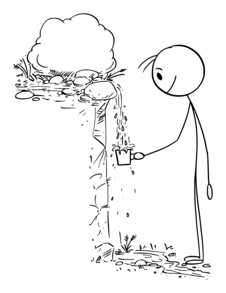 Person Drinking Water in Nature From Spring or Fountain, Vector Cartoon Stick Figure Illustration — Image vectorielle