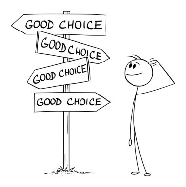 Person or Businessman Standing on Crossroad, Decide and Choose from Good Choices , Vector Cartoon Stick Figure Illustration
