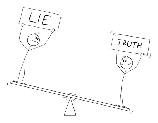 嘘と真実の兆候を保持するバランススケールの2人,ベクトル漫画スティック図イラスト — ストックベクタ