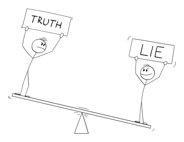 Two Persons on Balance Scales Holding Lie and Truth Signs , Vector Cartoon Stick Figure Illustration — Stockový vektor