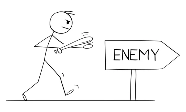 Aggressive Person with Baton or Bat Going to Fight with Enemy, Vector Cartoon Stick Figure Illustration — Stockvektor