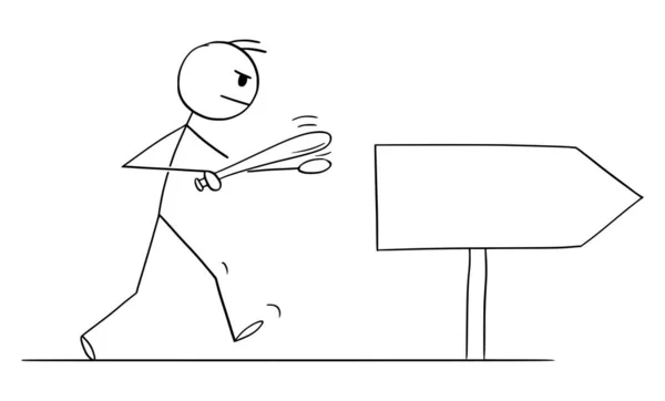 Aggressive Person with Baton or Bat Going to Fight, Vector Cartoon Stick Figure Illustration — Stockvektor