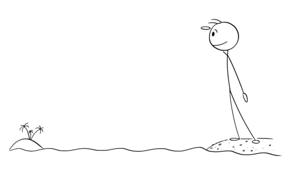 Persona de pie en la orilla del mar y observando la isla tropical distante, ilustración de la figura del palillo de la historieta del vector — Archivo Imágenes Vectoriales