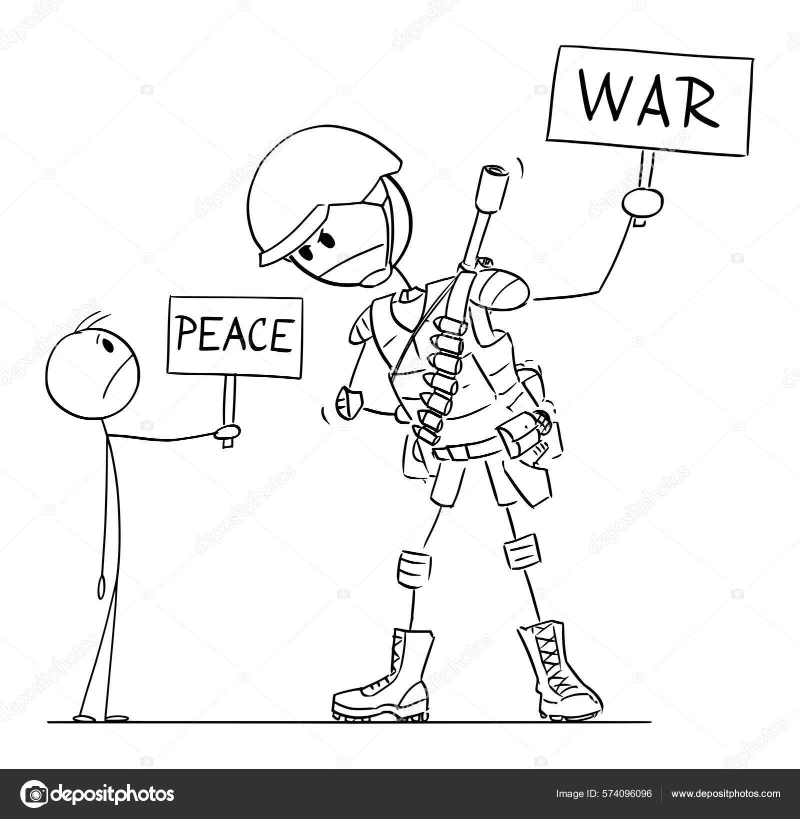 Cartoon stick man drawing conceptual illustration of soldier