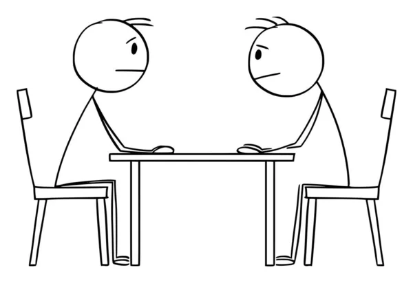 二人の人 ビジネスマンや政治家の交渉は 彼らはテーブルに座って お互いを見ている ベクトル漫画の棒の図や文字のイラスト — ストックベクタ
