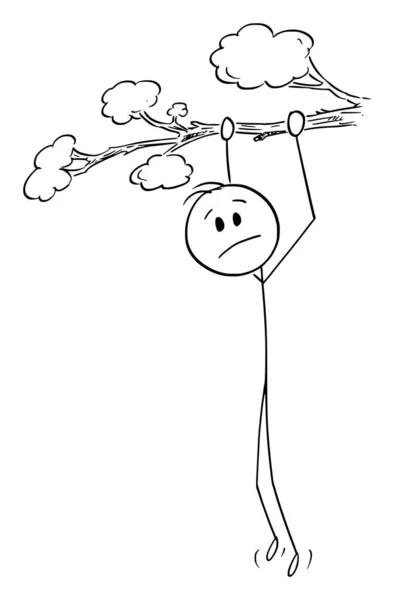 木の上にぶら下がっている不満悲しい人 枝を保持し 秋の危険性 ベクトル漫画の棒の図や文字のイラスト — ストックベクタ