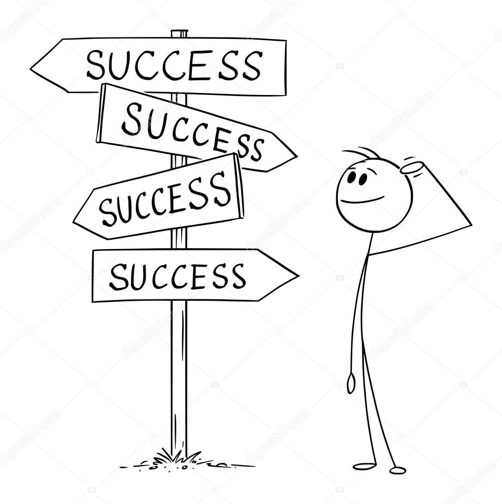 Businessman or person doing decision on crossroad, he has to choose from success choices, vector cartoon stick figure or character illustration.