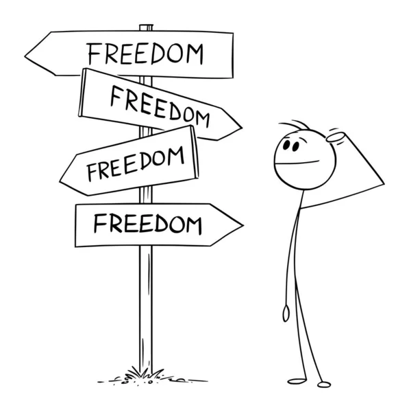 Person Doing Decision Crossroad Has Choose Freedom Choices Vector Cartoon — Vector de stock