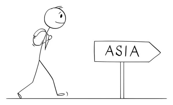 Tourist Traveler Walking Road Asia Vector Cartoon Stick Figure Character — стоковий вектор