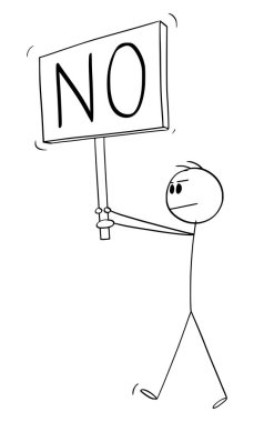 Person holding and walking with no sign, showing positive vote, vector cartoon stick figure or character illustration.