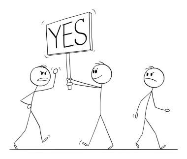 Person walking on the street and holding yes sign, people are angry, vector cartoon stick figure or character illustration.