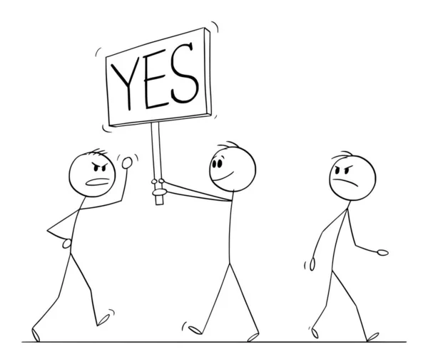 Person Walking Street Holding Yes Sign People Angry Vector Cartoon — 图库矢量图片