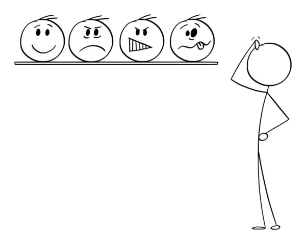 Person Choosing Emotion Face Vector Cartoon Stick Figure Character Illustration — Stock Vector
