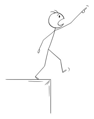 Person pointing and looking up to something and falling down, vector cartoon stick figure or character illustration.