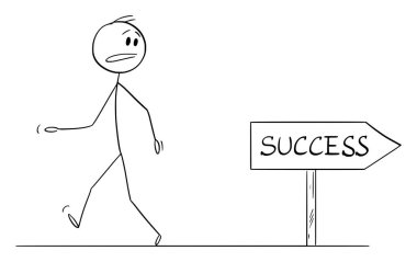 Walking wrong way to success, person looking at road sign, vector cartoon stick figure or character illustration.