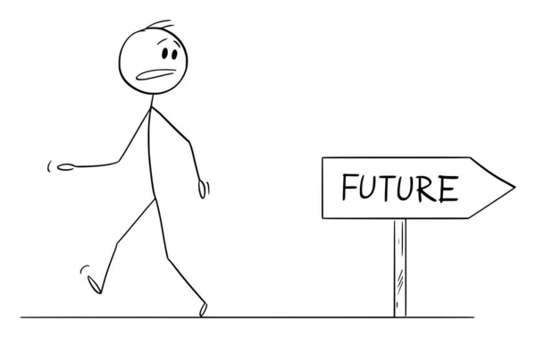 Walking Wrong Way Future Person Looking Road Sign Vector Cartoon — 图库矢量图片