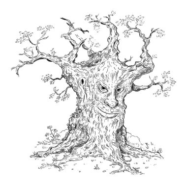 Smiling old wise fantasy tree, good creature from magic forest, vector cartoon stick figure or character illustration.