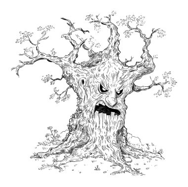 Old evil fantasy tree, bad creature from magic forest, vector cartoon stick figure or character illustration.